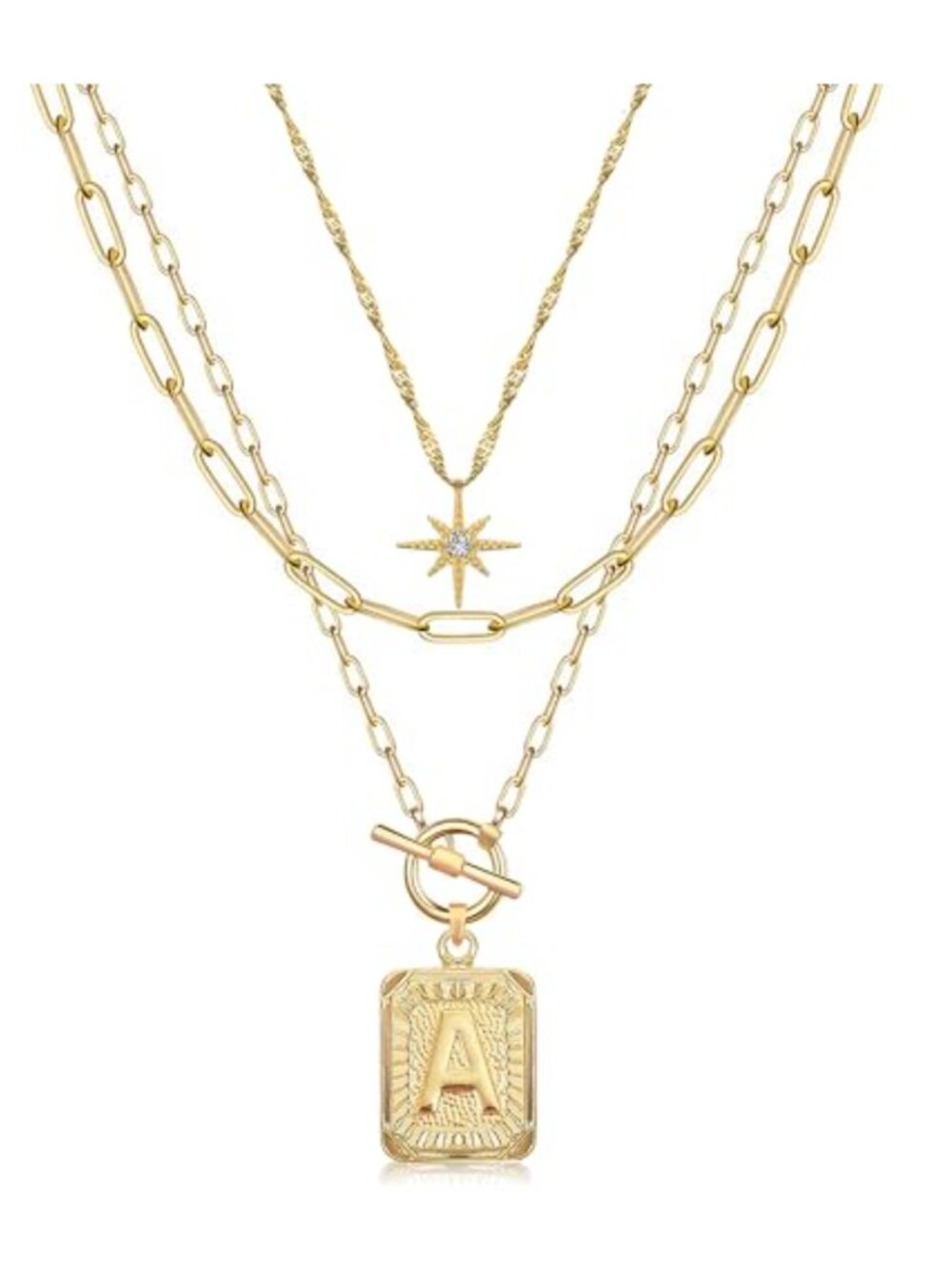 Layered Initial Necklaces for Women 14K Gold Plated Brass Star Choker Square